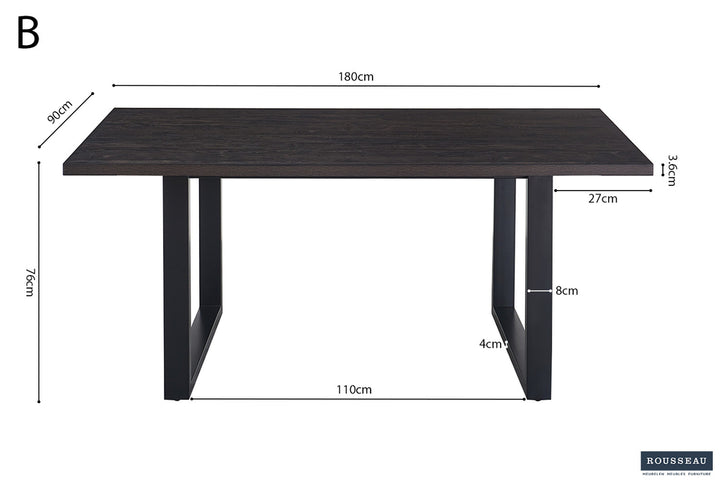 Tafel 'Alexander' 180 cm, met zwart metalen poten en MDF blad, decor donkerbruin, voorzien van een ABS boord.