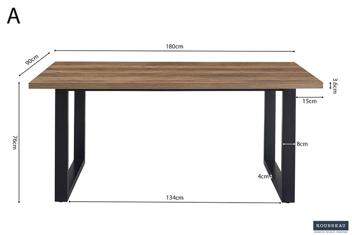 Tafel 'Alexander' 180 cm Decor Mango met MDF-blad en metalen poten van 8x4 cm, gedetailleerd houtoppervlak zichtbaar op de foto.