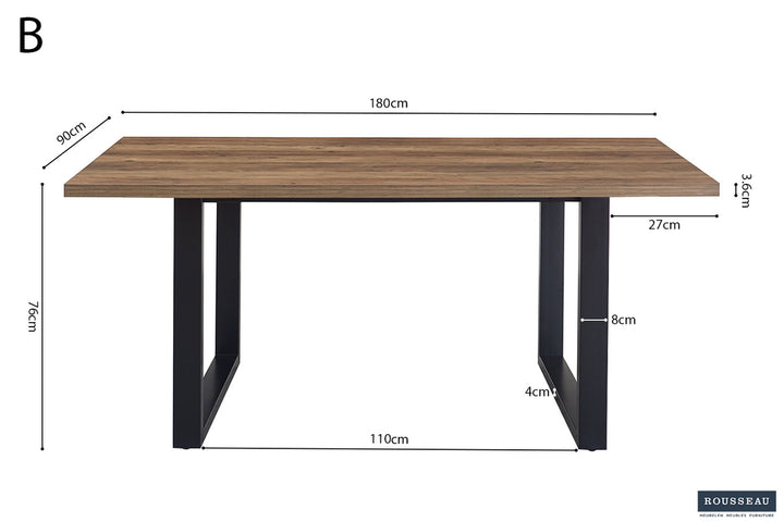 Tafel 'Alexander' 180 cm met MDF blad en zwarte metalen poten, decoratief mango ontwerp. Close-up van het houtoppervlak en tafelstructuur.