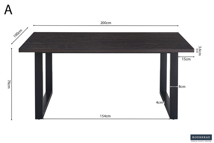 Tafel 'Alexander' 200 cm Decor Donkerbruin, met MDF-blad en metalen poten van 8x4 cm, perfect voor moderne interieurs.