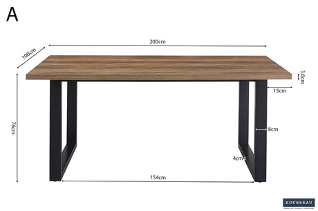 Tafel 'Alexander' 200 cm Decor Mango, met MDF-blad en metalen poten van 8x4 cm, details van houtoppervlak zichtbaar.
