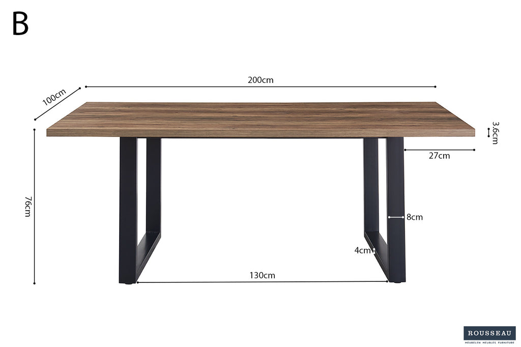 Tafel 'Alexander' 200 cm Decor Mango, met metalen poten 8x4 cm, MDF blad en ABS boord, toont een houtachtige oppervlakte en stevig metalen onderstel.