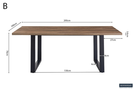 Tafel 'Alexander' 200 cm Decor Mango, met metalen poten 8x4 cm, MDF blad en ABS boord, toont een houtachtige oppervlakte en stevig metalen onderstel.