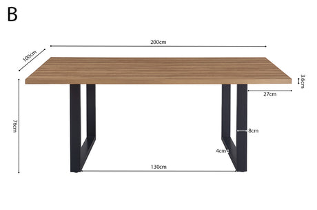 Tafel 'Alexander' 200 cm, met zwart metalen poten en MDF blad in Oude Eik decor, met ABS boord, zichtbaar op een houten oppervlak.