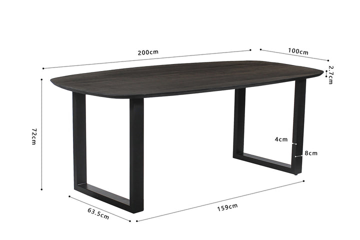 Tafel 'Isabella' 200 cm, U-poot, ovaal, zwart mango hout, met zwart metalen structuur, geschikt voor elke huisruimte.