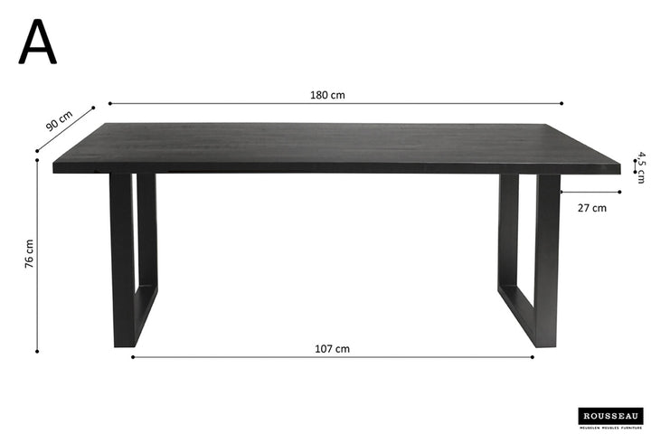 Tafel 'Nicola' 180 cm rechthoekig met zwart metalen structuur en exotisch mangohouten blad, weergegeven met zichtbare afmetingen en tafelpoten.