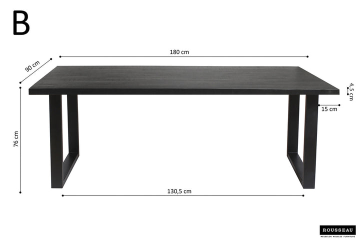 Tafel 'Nicola' 180 cm rechthoekig, zwart mango hout met metalen structuur, getoond met poten en afmetingen.