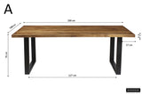 Tafel 'Nicola' 200 cm rechthoekig van exotisch mango hout met metalen structuur, zichtbaar als houten tafel met stevige poten.