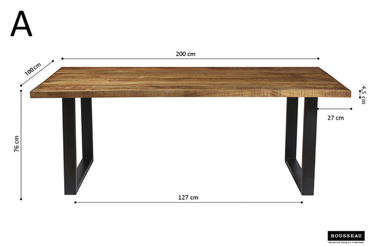 Tafel 'Nicola' 200 cm rechthoekig van exotisch mango hout met metalen structuur, zichtbaar als houten tafel met stevige poten.