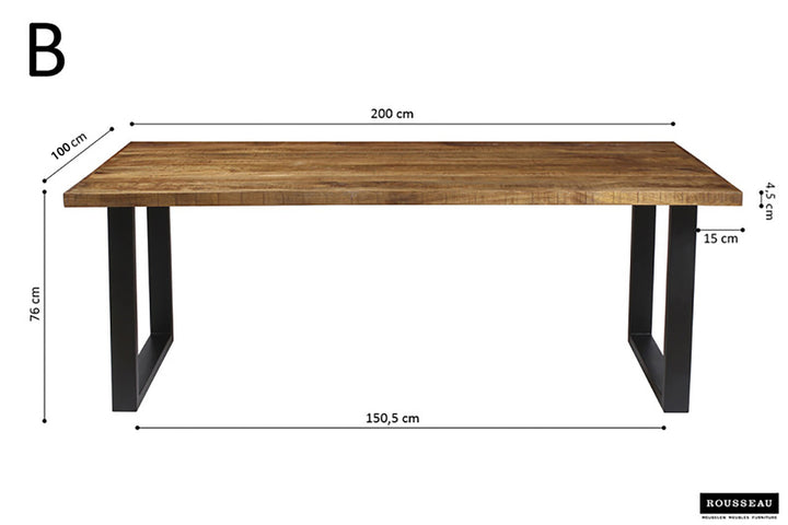 Tafel 'Nicola' 200 cm rechthoekig van exotisch mango hout met metalen structuur, weergegeven met zichtbare afmetingen en stevige houten poten.