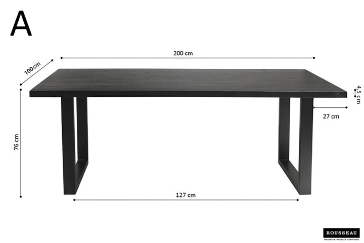 Tafel 'Nicola' 200 cm rechthoekig, zwart metaalstructuur en exotisch mangohouten blad, afgebeeld met afmetingen en zichtbare tafelpoten.