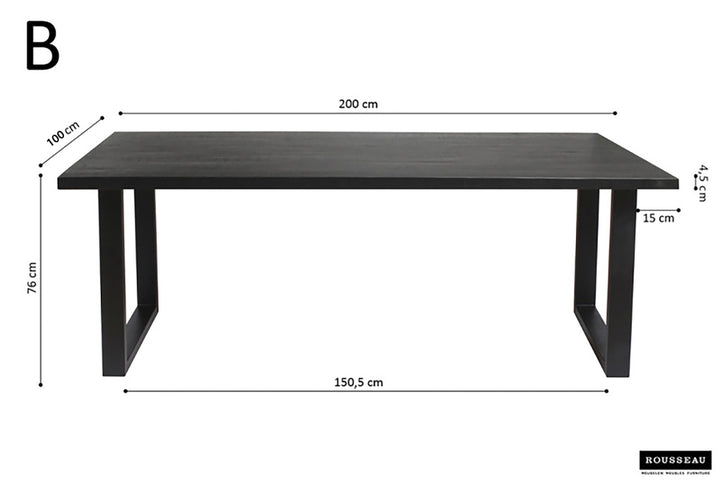 Tafel 'Nicola' 200 cm rechthoekig, zwart, met metalen structuur en mango houten blad. Te zien zijn de tafel met duidelijke afmetingen en stevige poten.