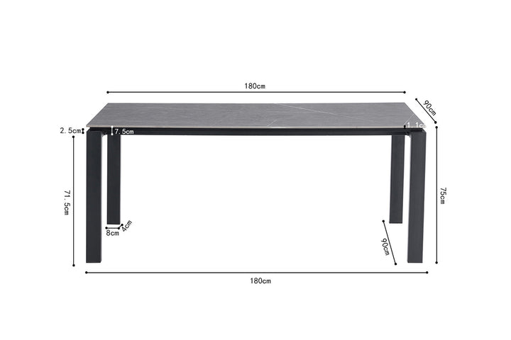 Tafel 'Zeus' 180 cm rechthoekig met metalen structuur en stenen blad, grijze afwerking, weergegeven met meetgegevens en close-up van het oppervlak.