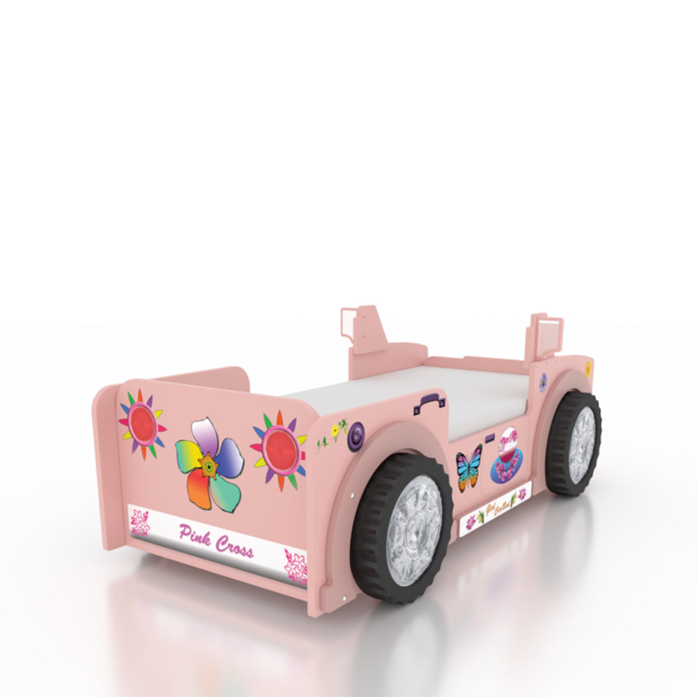 Kinderbed Jeep 207×116 – Roze met grote wielen, bloemmotieven en matras, ideaal voor kinderen. Perfect voor avontuurlijke speel- en slaapsessies.