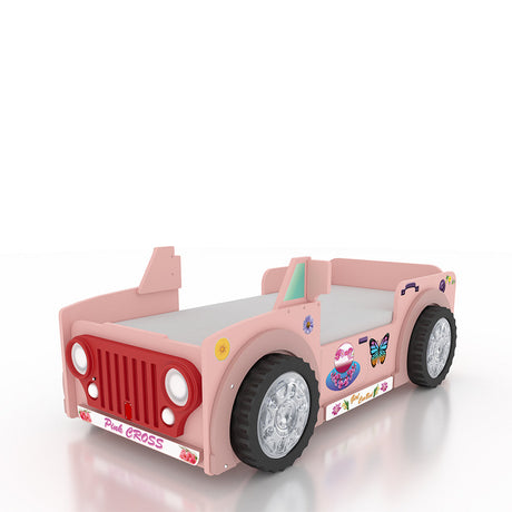 Kinderbed Jeep 207×116 – Roze met wielen, wit matras, kleurrijke accenten, perfect voor avontuurlijke kinderen. Inclusief montagehandleiding.