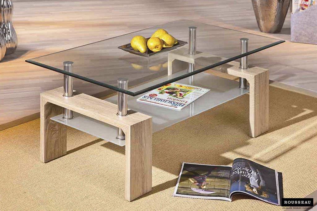 Salontafel 'Alana' Decor Sonoma, met glazen blad en tijdschrift, met schaal fruit. Gemaakt van MDF, spaanderplaat en 8mm gehard glas.