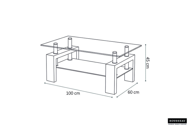 Salontafel 'Alana' Hoogglans Zwart, schets toont een modern ontwerp met MDF, spaanderplaat, en 8mm gehard glas, passend bij Furndaily's veelzijdige meubelaanbod.