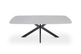 Salontafel 'Apollo' 130 cm, Deens ovaal, met witte steenblad en zwarte metalen poten.