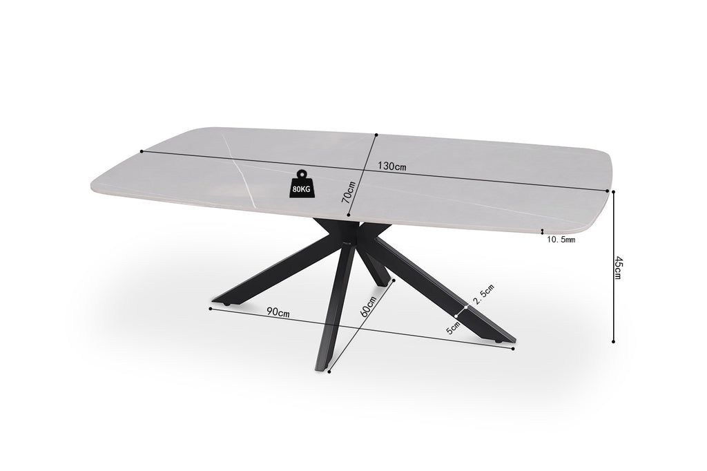 Salontafel 'Apollo' 130 cm, Deens ovaal ontwerp met metalen structuur en stenen blad, weergegeven met afmetingen en symbolen op een witte achtergrond.