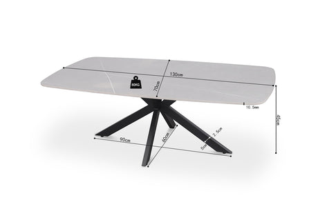 Salontafel 'Apollo' 130 cm, Deens ovaal ontwerp met metalen structuur en stenen blad, weergegeven met afmetingen en symbolen op een witte achtergrond.