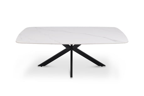 Salontafel 'Apollo' 130 cm, Deens ovaal ontwerp met wit stenen blad en zwarte metalen poten, ideaal voor moderne interieurs.