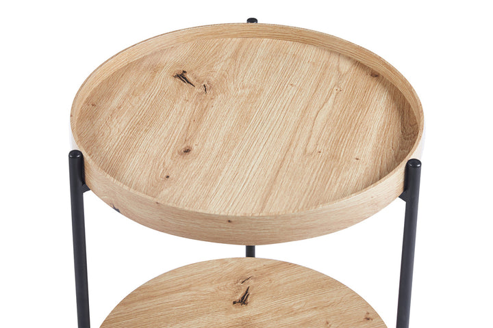 Salontafel 'Dalina' 45 cm Decor Oude Eik, ronde houten tafel met zwarte poten en opstaande rand van MDF-decor.