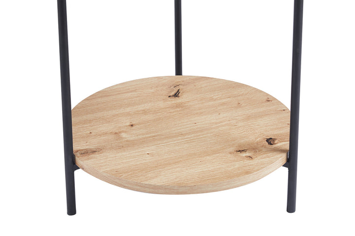 Salontafel 'Dalina' 45 cm Decor Oude Eik met rond houten blad en zwarte metalen poten, inclusief opstaande rand van MDF decor.