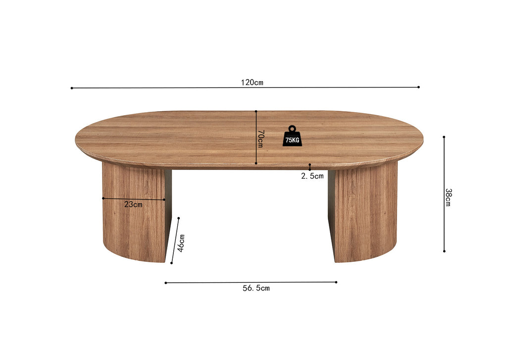 Salontafel 'Lagos' 120 cm Decor Oude Eik, rechthoekig, MDF mat met 3D papier, toont een houten oppervlak en zwarte lijnen.