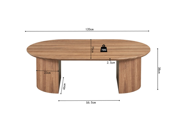 Salontafel 'Lagos' 120 cm Decor Oude Eik, rechthoekig, MDF mat met 3D papier, toont een houten oppervlak en zwarte lijnen.