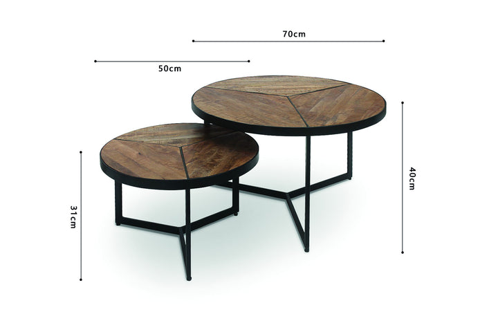 Salontafel 'Laveu' 2-delig, met exotisch mango houten blad en metalen basis, ronde vorm, ideaal als koffietafel of kruk.