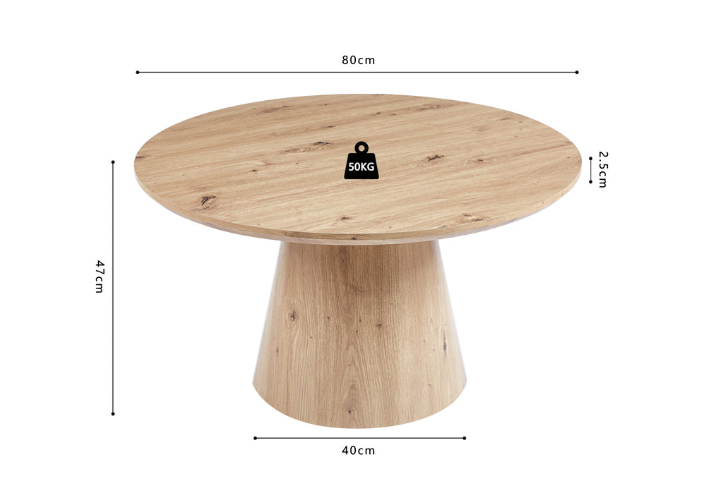 Salontafel 'Lukas' 80 cm met MDF-blad en opstaande rand, decor oude eik, met een zwart gewicht erop geplaatst.
