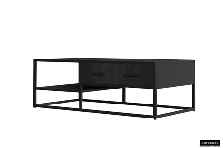 Salontafel 'Madeira' 120 cm met zwart metalen structuur en exotisch mango houten blad, voorzien van twee lades met zwarte handgrepen.