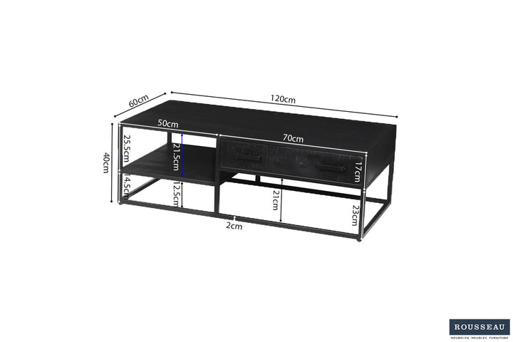 Salontafel 'Madeira' 120 cm, zwart, metaalstructuur en exotisch mango houten blad, getoond met schetsmatige afmetingen en ontwerpdetails.