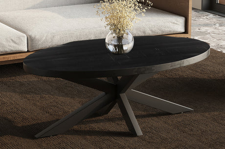 Salontafel 'Madeira' ovaal in zwart mango hout met een vaas bloemen erop, benadrukt de elegante structuur van het metaal en exotisch houten blad.
