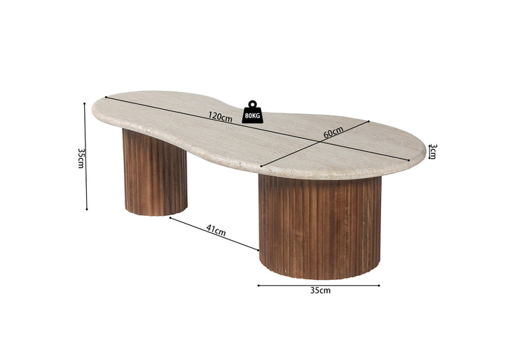 Salontafel 'Marlon' 120 cm van mango hout met travertin blad, afgebeeld met afmetingen en gewichtsschaal voor een gedetailleerd overzicht van het ontwerp.