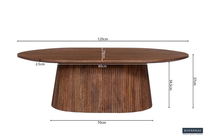 Salontafel 'Miguel' 120 cm ovaal, massief mango hout, lichtbruin. Te zien met afmetingen; geschikt voor diverse woonstijlen.