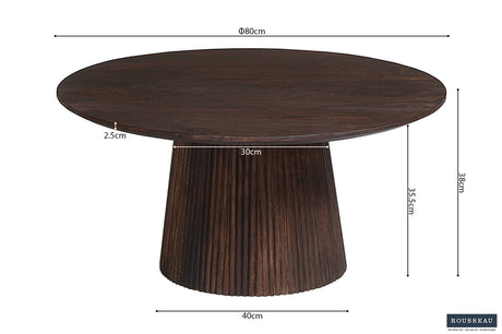 Salontafel 'Miguel' 80 cm rond, gemaakt van massief mango hout met een donkerbruine afwerking, toont duidelijke afmetingen op het tafelblad.