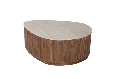 Salontafel 'Nolan' 100 cm, met mango houten structuur en travertin blad, toont een verfijnde combinatie van hout en marmer in een elegant ontwerp.