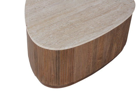 Salontafel 'Nolan' 100 cm in close-up, benadrukt mango hout en travertin blad, toont vakmanschap en natuurlijke materialen.