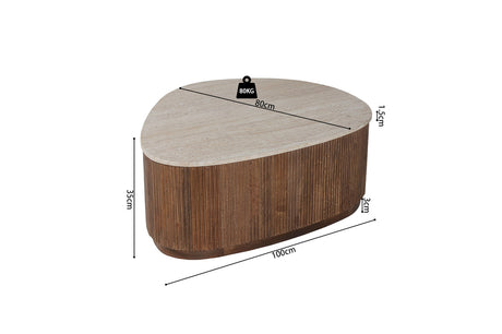 Salontafel 'Nolan' 100 cm van Mango Hout met Travertin blad, weergegeven met afmetingen op tafel en een weegschaal zichtbaar.