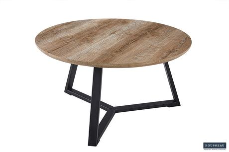 Salontafel 'Paso 1' Decor Oude Eik met rond houten blad en zwarte poten, structuur zandgevoel frame, blad MDF.