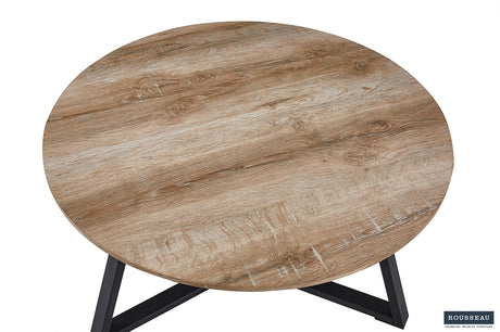 Ronde houten salontafel 'Paso 1' Decor Oude Eik met zwarte poten, MDF blad en structuur zandgevoel frame.