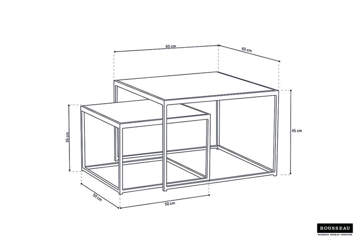 Salontafel 'Quinn' 2-delig, tekening toont metalen structuur en exotisch mango houten blad, ontwerp met tafel- en plankeigenschappen.