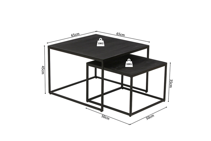 Salontafel 'Quinn' 2-delig, zwart, met metalen structuur en exotisch Mango houten blad, rechthoekig ontwerp, ideaal voor moderne woonkamers.