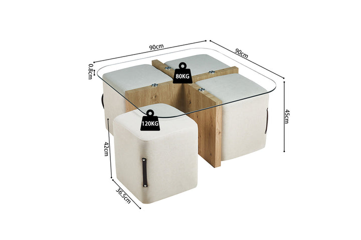 Salontafel 'Shana' met glazen blad, inclusief 4 poefs, toont het ontwerp van MDF met papieren decor van Oude Eik.