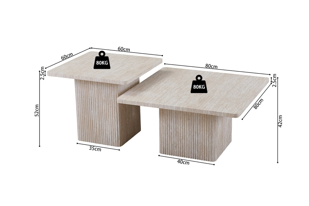 Set van 2 salontafels 'Bobby' in travertin beige met robuuste MDF-constructie en ruime tafelbladen voor decoratieve items en functionaliteit.