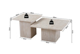 Set van 2 salontafels 'Bobby' in travertin beige met robuuste MDF-constructie en ruime tafelbladen voor decoratieve items en functionaliteit.