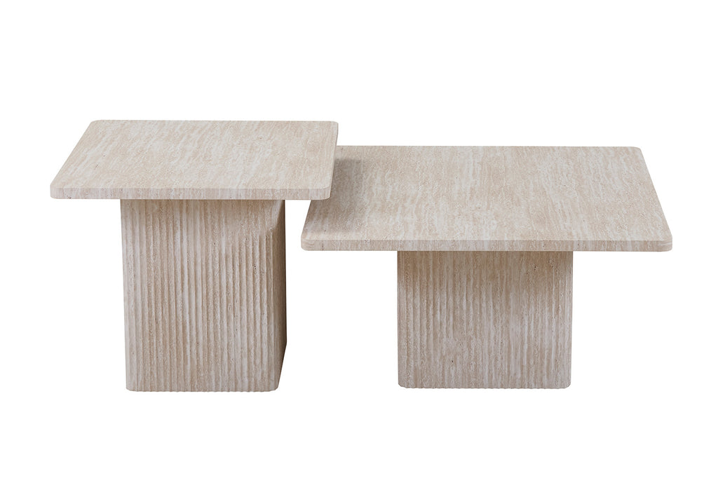 Set van 2 salontafels 'Bobby' met MDF-structuur en beige travertin look, functioneel en elegant, voor moderne en klassieke interieurs.
