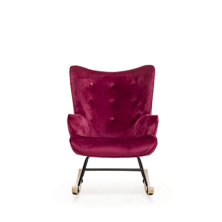 Aemely® Schommelstoel 'Steerne' in bordeaux rood fluweel met blank houten poten, metalen frame, perfect voor comfort en stijl in elke ruimte.