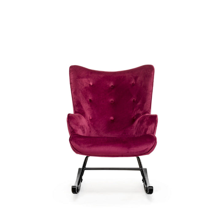 Aemely® Schommelstoel 'Steerne' in bordeaux rood velvet, met zwarte houten poten en metalen frame, geschikt voor comfort in babykamer of woonkamer.